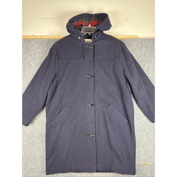 L.L. Bean Jackets & Blazers - Vintage LL Bean Pea Coat Size 16 Navy Blue Wool Hooded Plaid Lining Made In USA